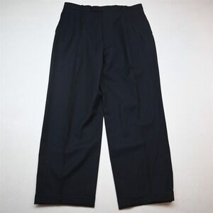 Vtg Y2K 2000s 33x30 Navy Blue Check Wool Pleated Cuffed Baggy Dress Mens Pants